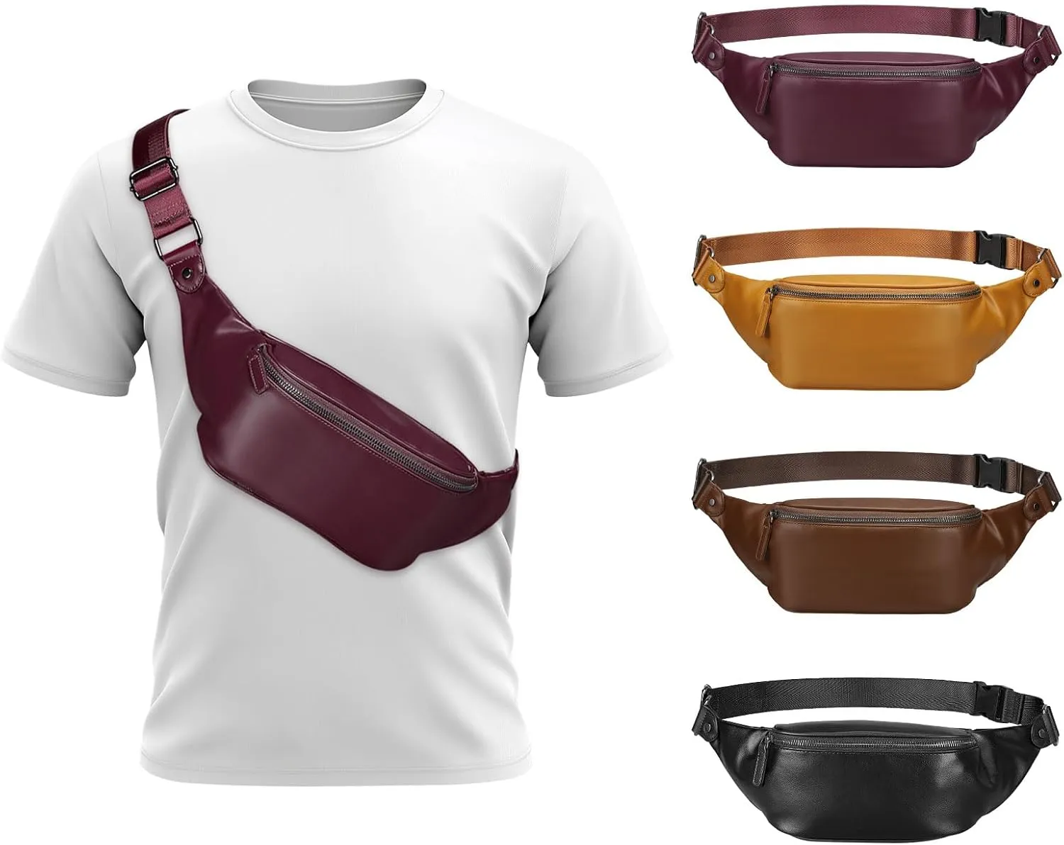 Soft Leather Fanny Pack for Women & Men, Crossbody Waist Pack with Adjustable Strap, Large Pocket, Sturdy Zippers, for Travel, Hiking, Running, Purple
