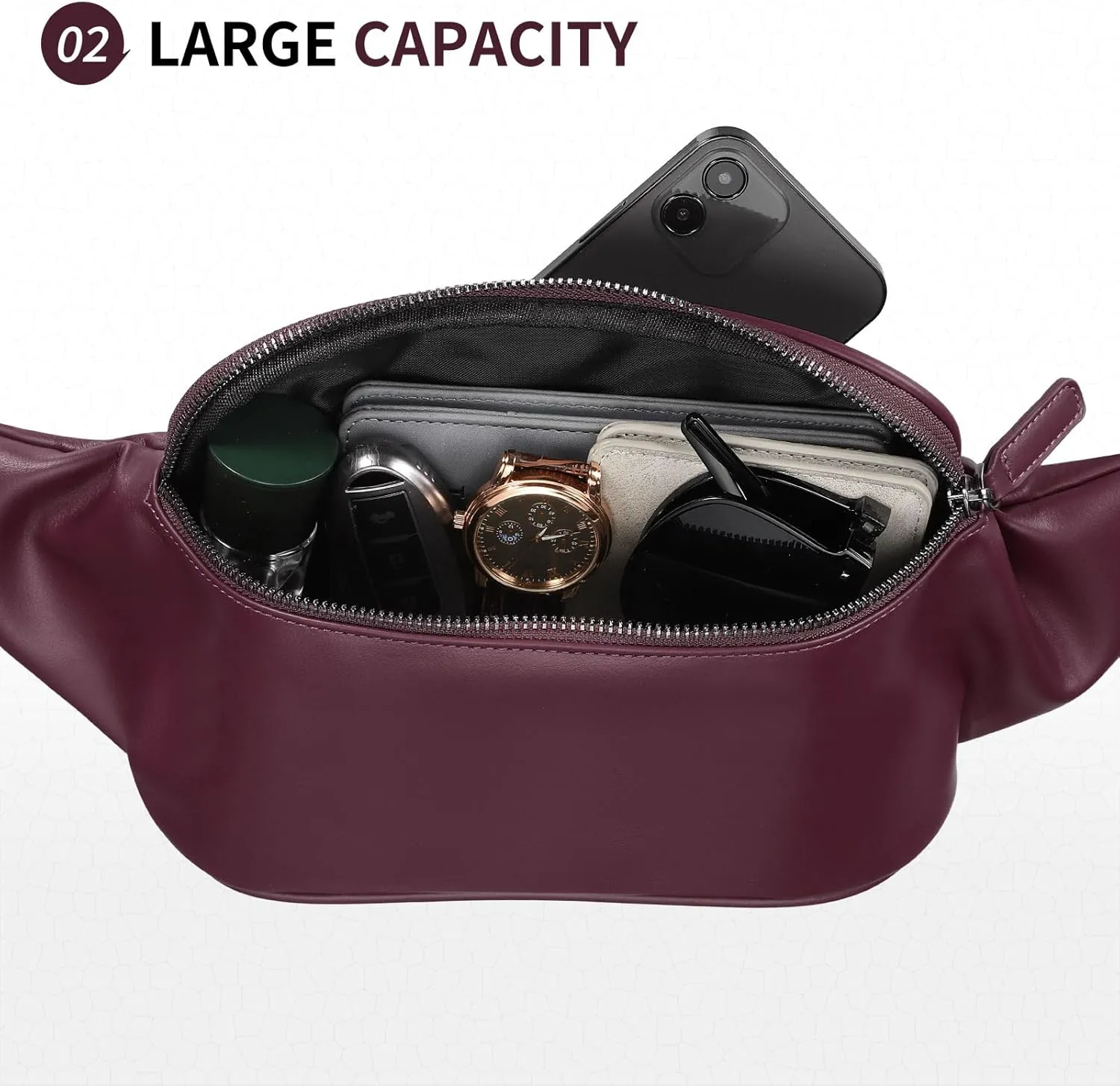 Soft Leather Fanny Pack for Women & Men, Crossbody Waist Pack with Adjustable Strap, Large Pocket, Sturdy Zippers, for Travel, Hiking, Running, Purple