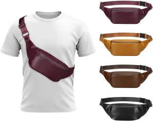 Soft Leather Fanny Pack for Women & Men, Crossbody Waist Pack with Adjustable Strap, Large Pocket, Sturdy Zippers, for Travel, Hiking, Running, Purple