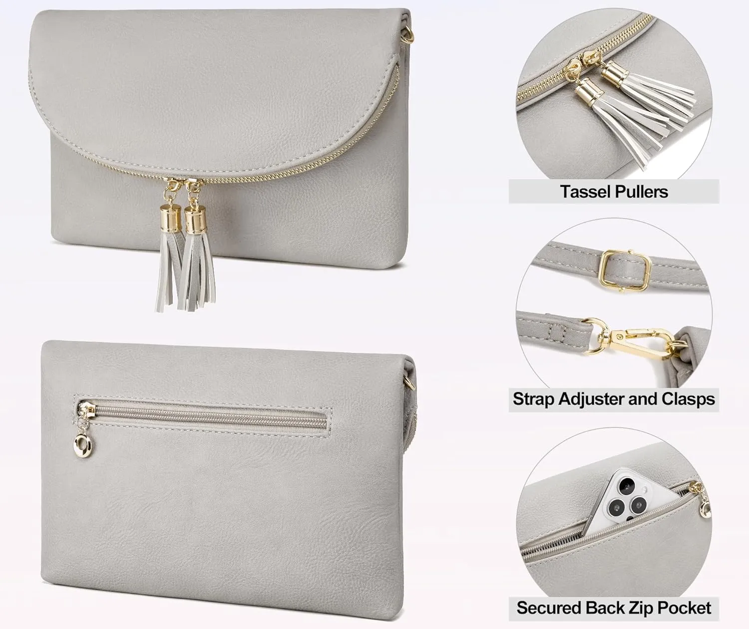 Solene Womens Envelop Clutch Purse Multi Compartments, 6 Card Slot Inside, Crossbody Bag With Tassels