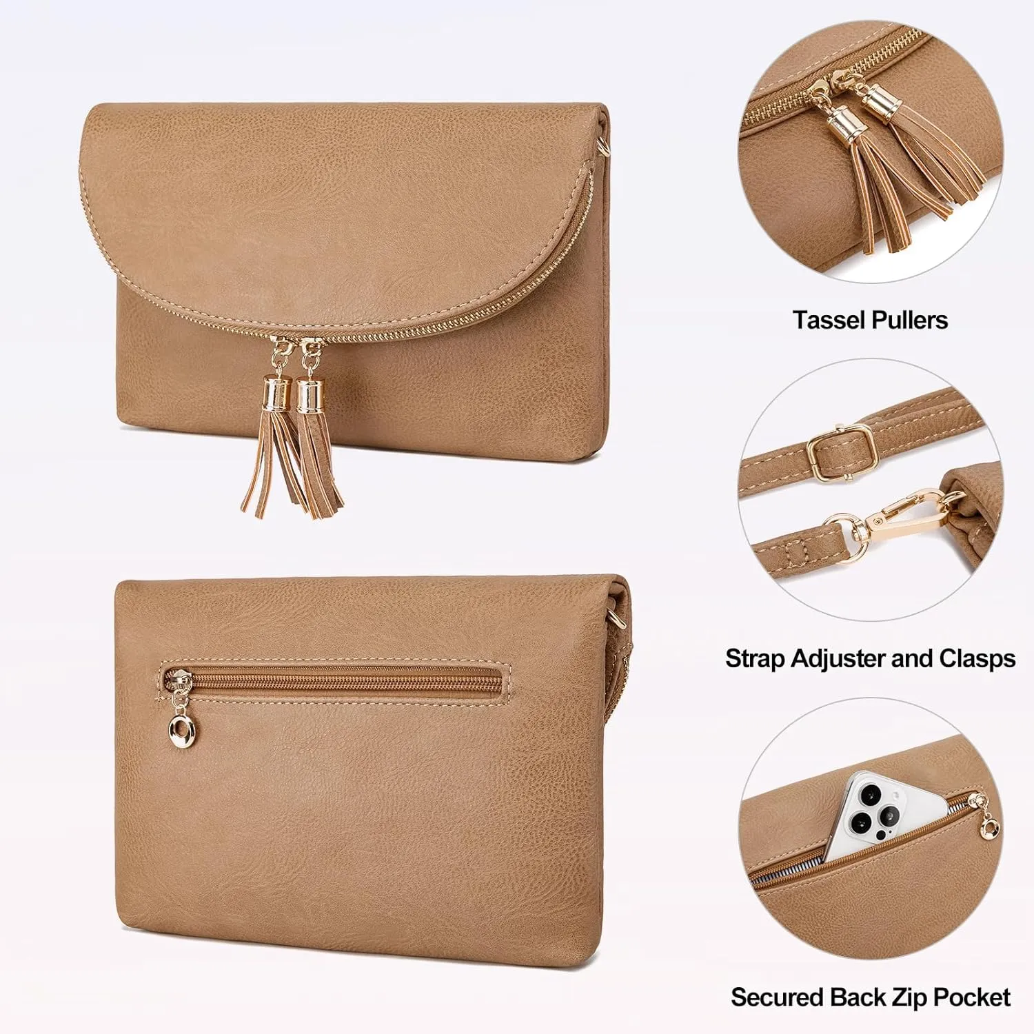 Solene Womens Envelop Clutch Purse Multi Compartments, 6 Card Slot Inside, Crossbody Bag With Tassels