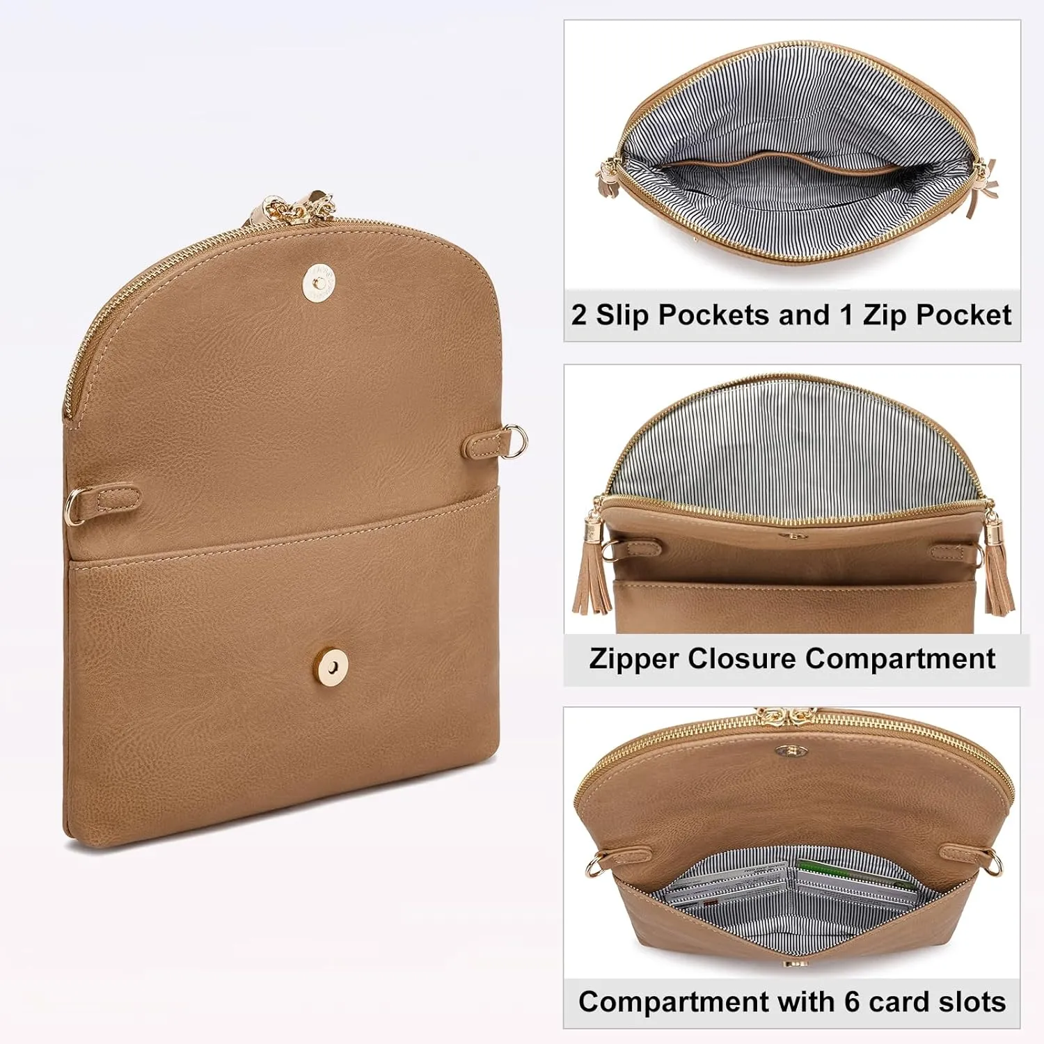 Solene Womens Envelop Clutch Purse Multi Compartments, 6 Card Slot Inside, Crossbody Bag With Tassels