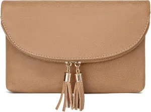 Solene Womens Envelop Clutch Purse Multi Compartments, 6 Card Slot Inside, Crossbody Bag With Tassels