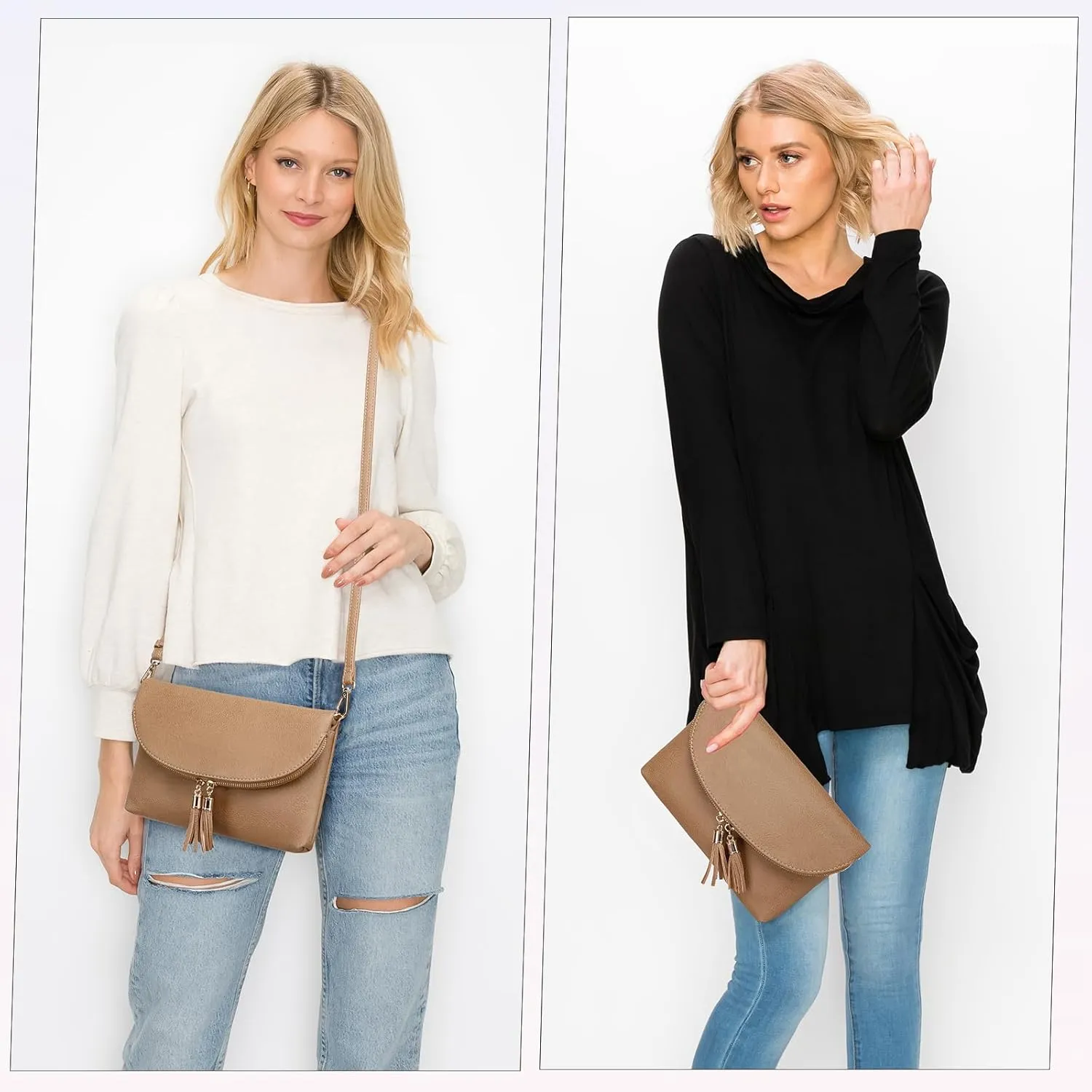 Solene Womens Envelop Clutch Purse Multi Compartments, 6 Card Slot Inside, Crossbody Bag With Tassels