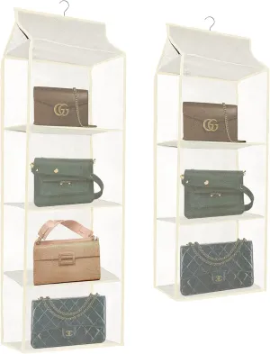 souG 2 Pack Hanging Handbag Purse Organizer for Closet, Purse Bag Storage Holder for Wardrobe Close with 1pcs 4 Shelves Space and 1pcs 3 Shelves Space Saving Purse Organizers System (Beige)