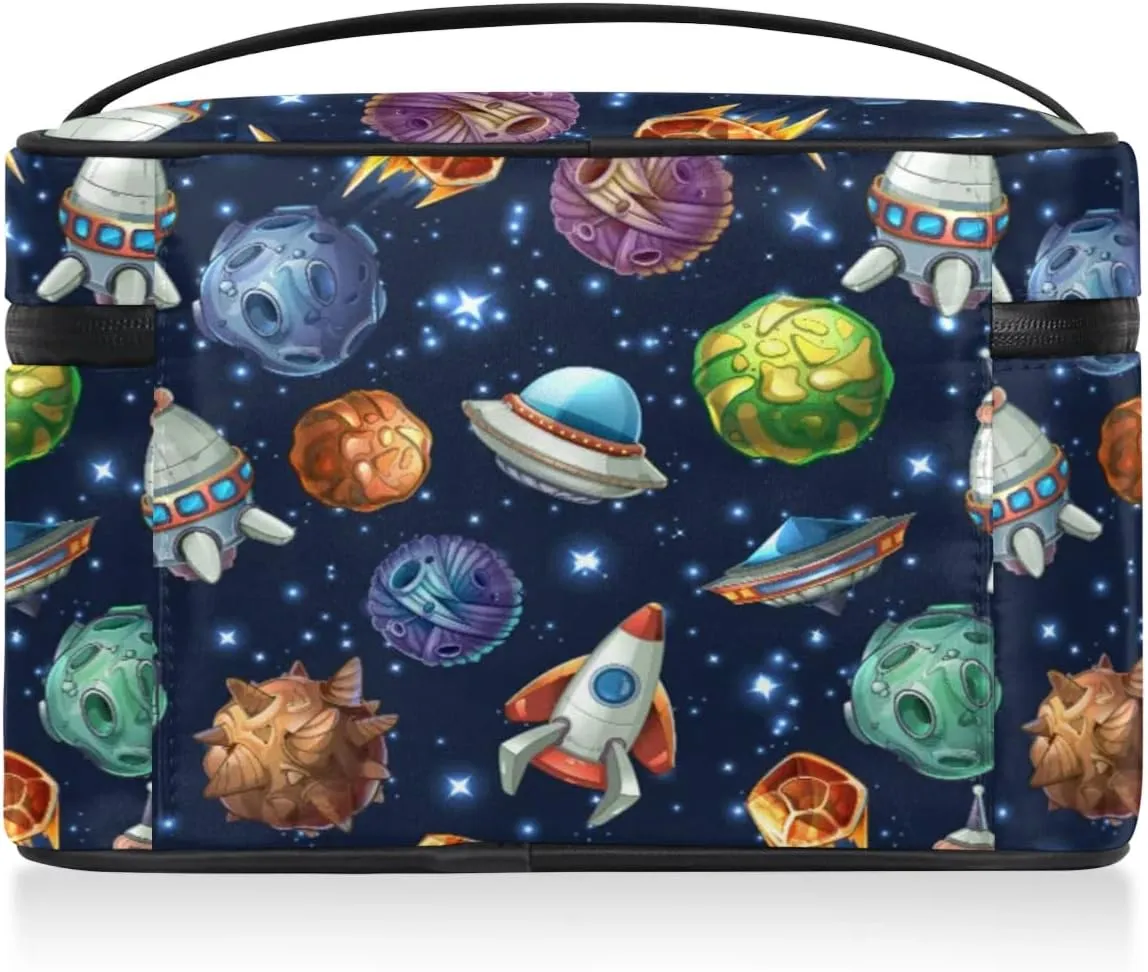 Spacecraft Makeup Bag Small Cosmetic Bag for Women Travel Makeup Case Organizer Portable Zipper Make Up Brush Bag Cute Toiletry Bag Storage Bags with Handle
