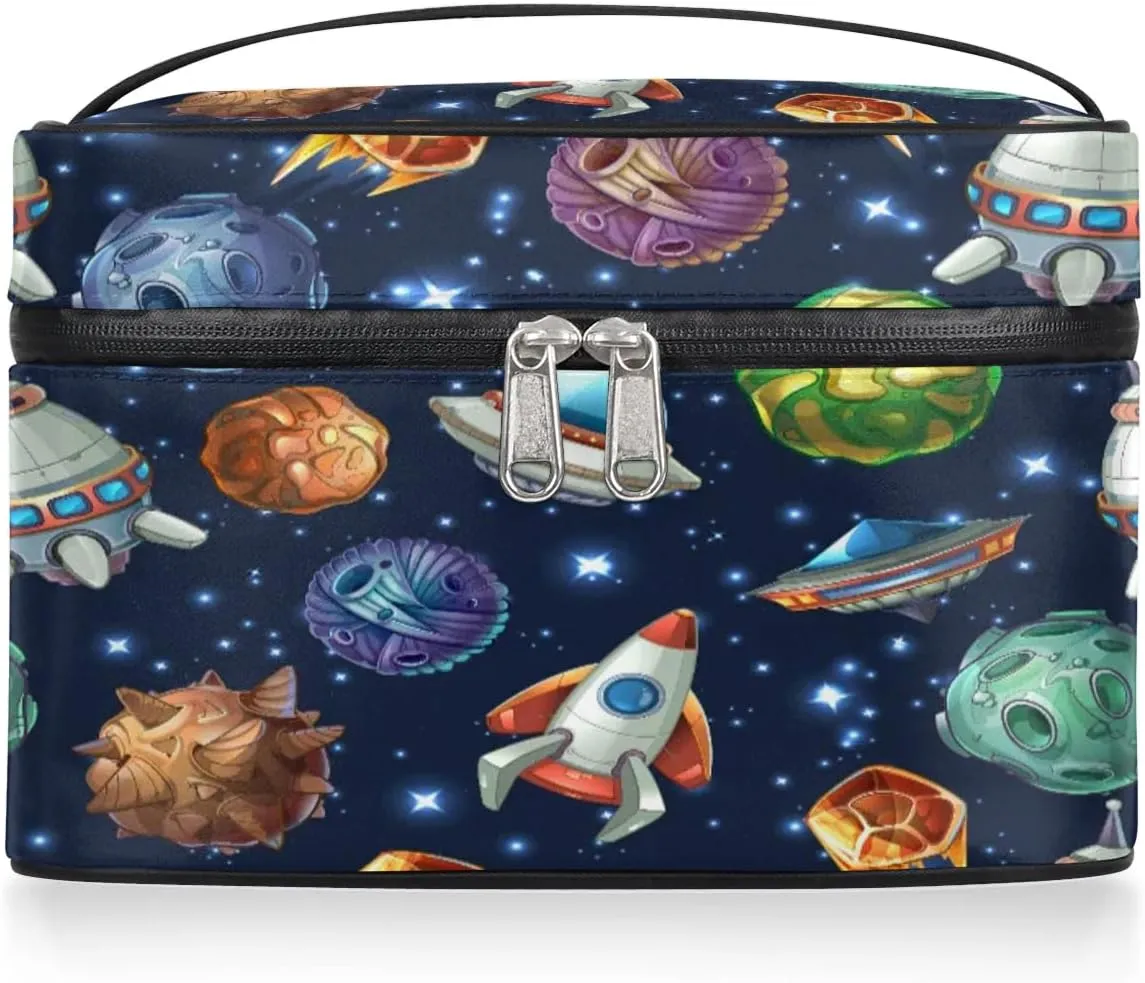Spacecraft Makeup Bag Small Cosmetic Bag for Women Travel Makeup Case Organizer Portable Zipper Make Up Brush Bag Cute Toiletry Bag Storage Bags with Handle