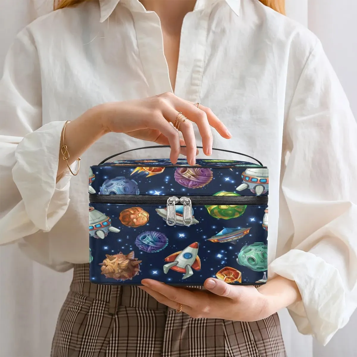 Spacecraft Makeup Bag Small Cosmetic Bag for Women Travel Makeup Case Organizer Portable Zipper Make Up Brush Bag Cute Toiletry Bag Storage Bags with Handle