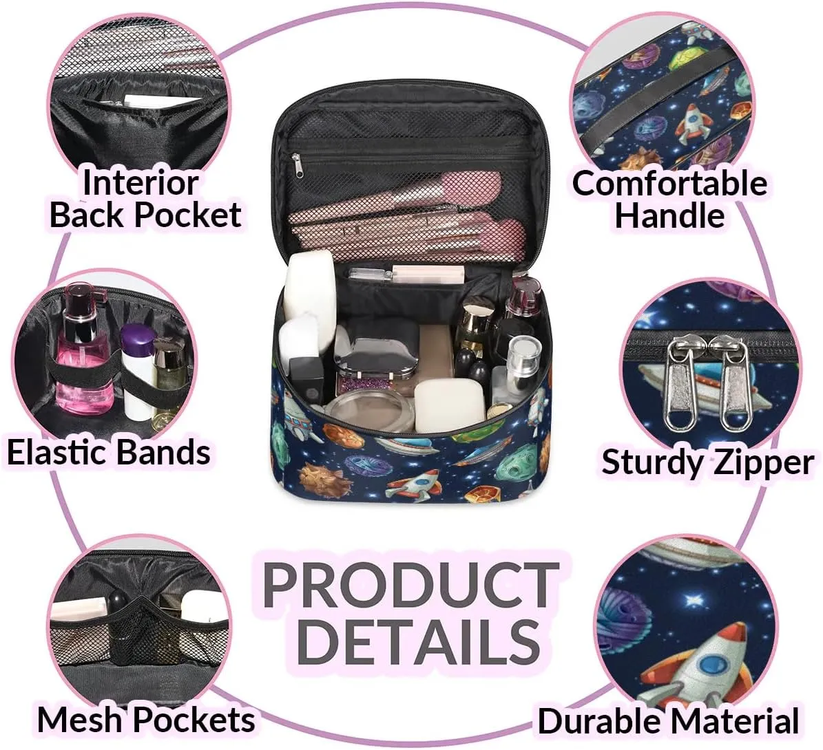 Spacecraft Makeup Bag Small Cosmetic Bag for Women Travel Makeup Case Organizer Portable Zipper Make Up Brush Bag Cute Toiletry Bag Storage Bags with Handle
