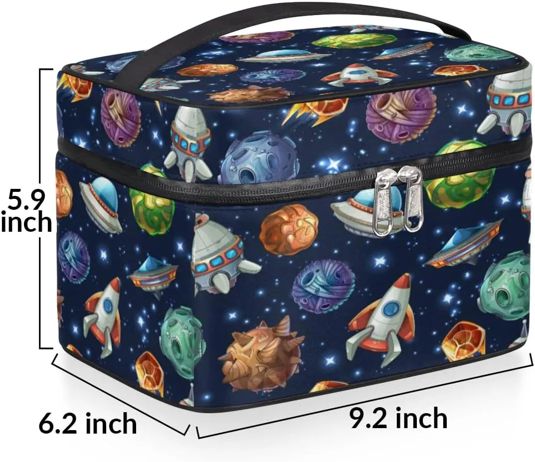 Spacecraft Makeup Bag Small Cosmetic Bag for Women Travel Makeup Case Organizer Portable Zipper Make Up Brush Bag Cute Toiletry Bag Storage Bags with Handle
