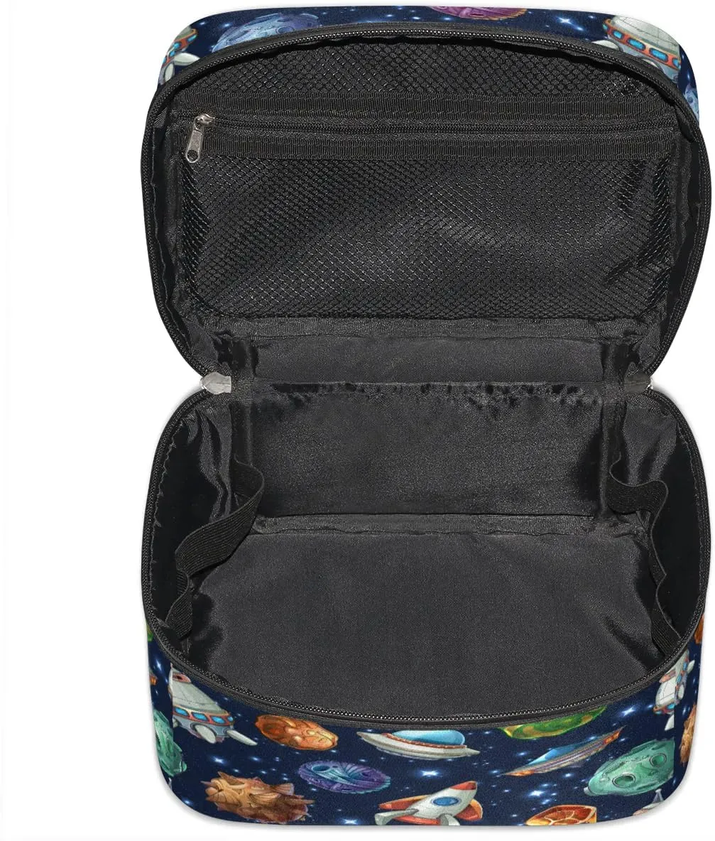 Spacecraft Makeup Bag Small Cosmetic Bag for Women Travel Makeup Case Organizer Portable Zipper Make Up Brush Bag Cute Toiletry Bag Storage Bags with Handle