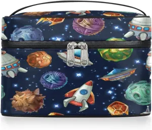 Spacecraft Makeup Bag Small Cosmetic Bag for Women Travel Makeup Case Organizer Portable Zipper Make Up Brush Bag Cute Toiletry Bag Storage Bags with Handle