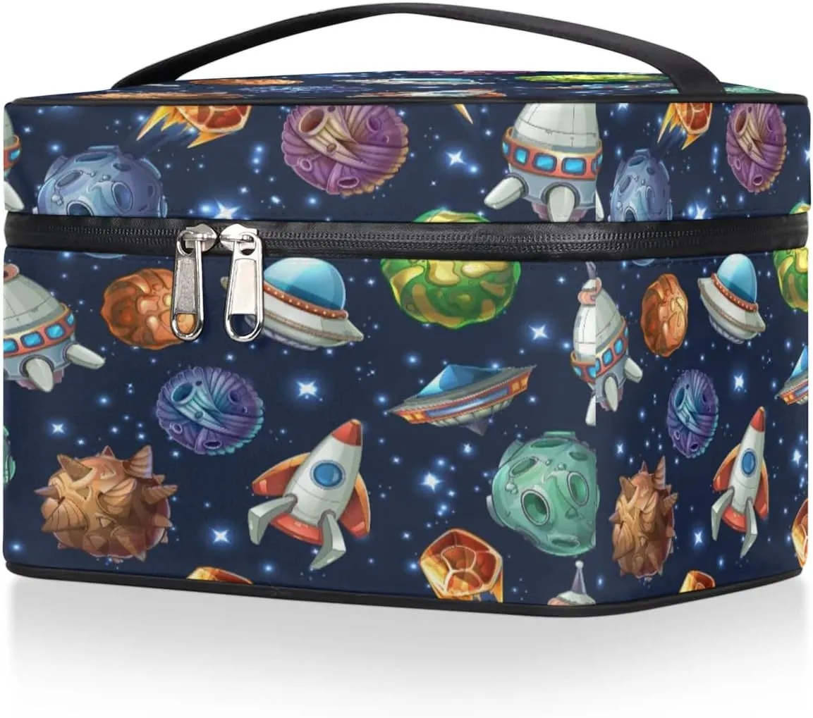 Spacecraft Makeup Bag Small Cosmetic Bag for Women Travel Makeup Case Organizer Portable Zipper Make Up Brush Bag Cute Toiletry Bag Storage Bags with Handle