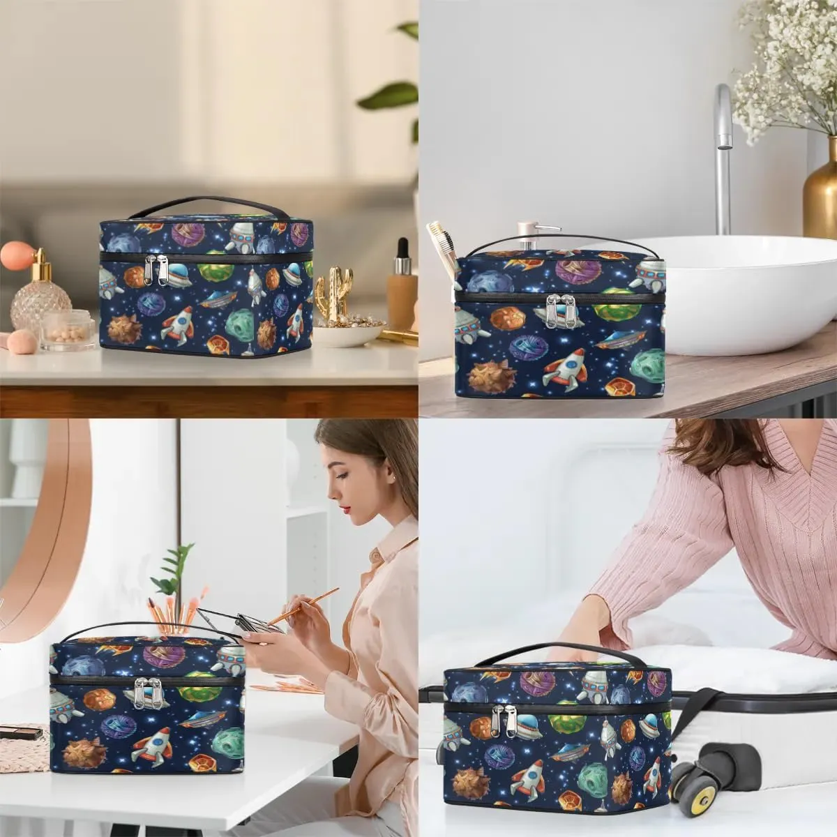 Spacecraft Makeup Bag Small Cosmetic Bag for Women Travel Makeup Case Organizer Portable Zipper Make Up Brush Bag Cute Toiletry Bag Storage Bags with Handle