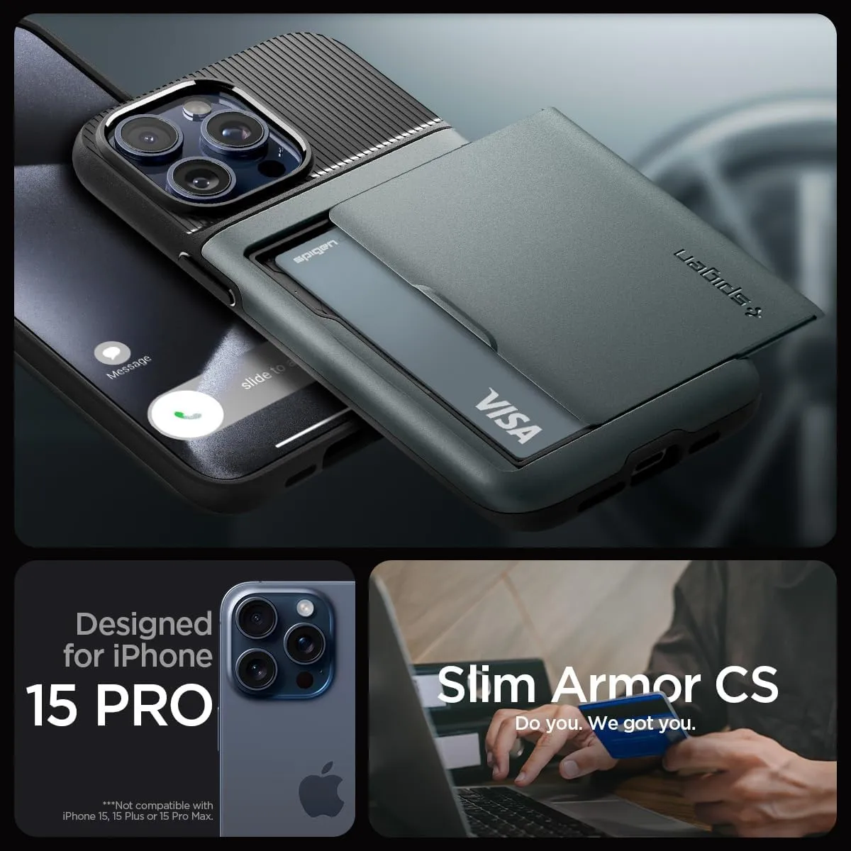 Spigen Slim Armor CS Designed for iPhone 15 Pro Case (2023) [Military-Grade Protection] - Abyss Green