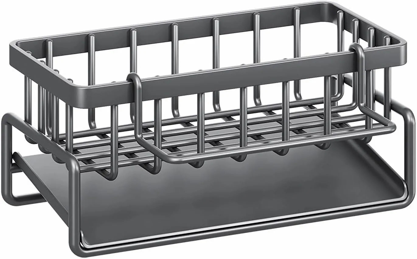 Sponge Holder for Kitchen Sink, Dish Sponge Holder Carbon Steel Kitchen Sink Caddy with Detachable Dishcloth Rack Bathroom Organizer Dish Soap Dispenser Brush Holder Storage