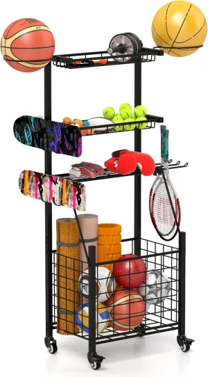 Sports Equipment Garage Organizer, Rolling Ball Cart with Wheels, for Sports Gear and Toys, Indoor/Outdoor Use