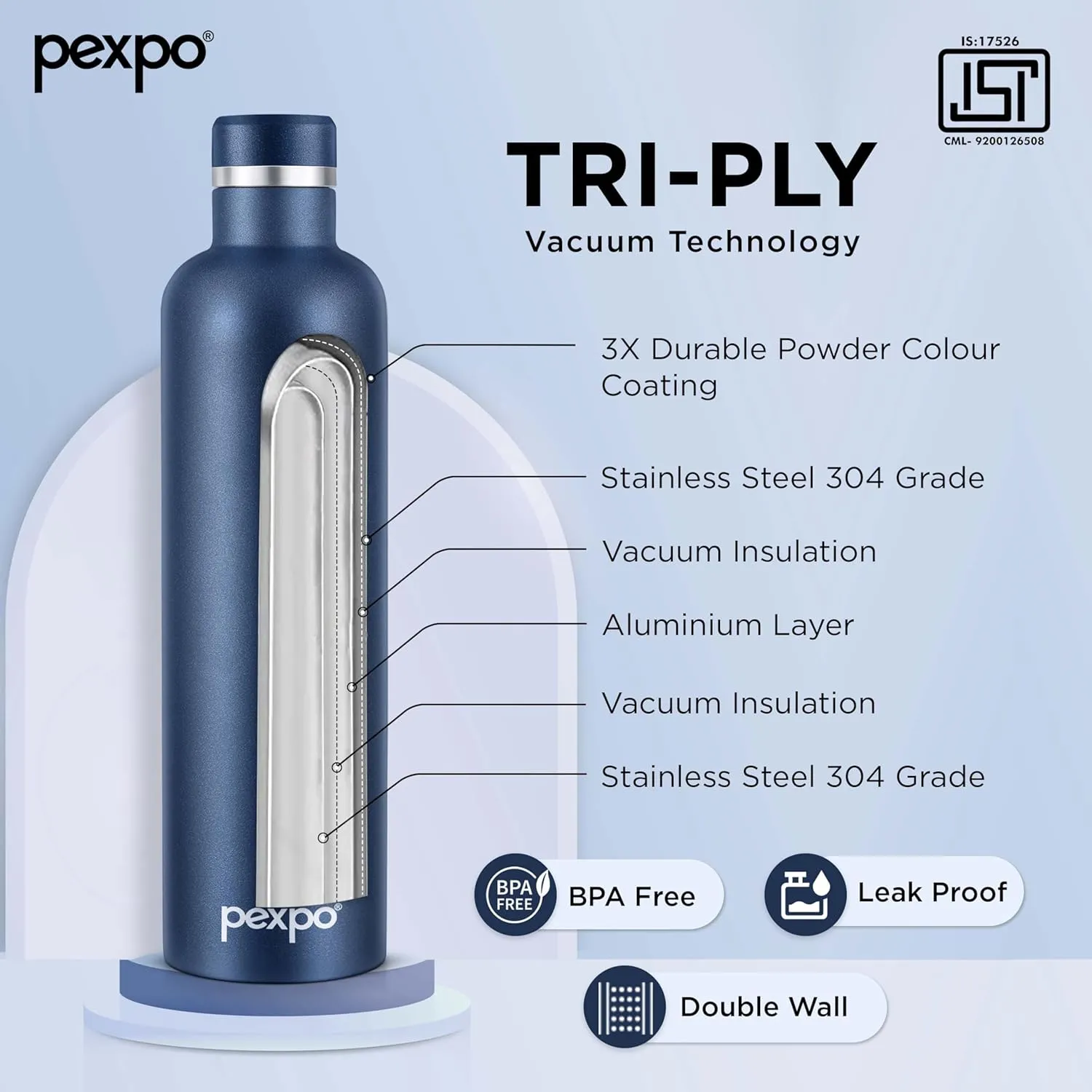 Stainless Steel Hot and Cold Vacuum Insulated ISI Certified Flask, 1000ml, Denim Blue, Double Wall Flask | BPA Free | Office |Home | Hiking | Gym