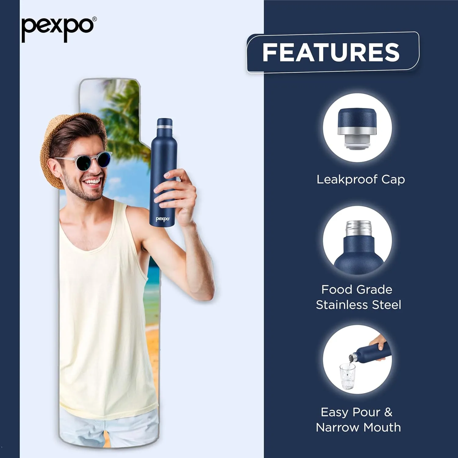 Stainless Steel Hot and Cold Vacuum Insulated ISI Certified Flask, 1000ml, Denim Blue, Double Wall Flask | BPA Free | Office |Home | Hiking | Gym