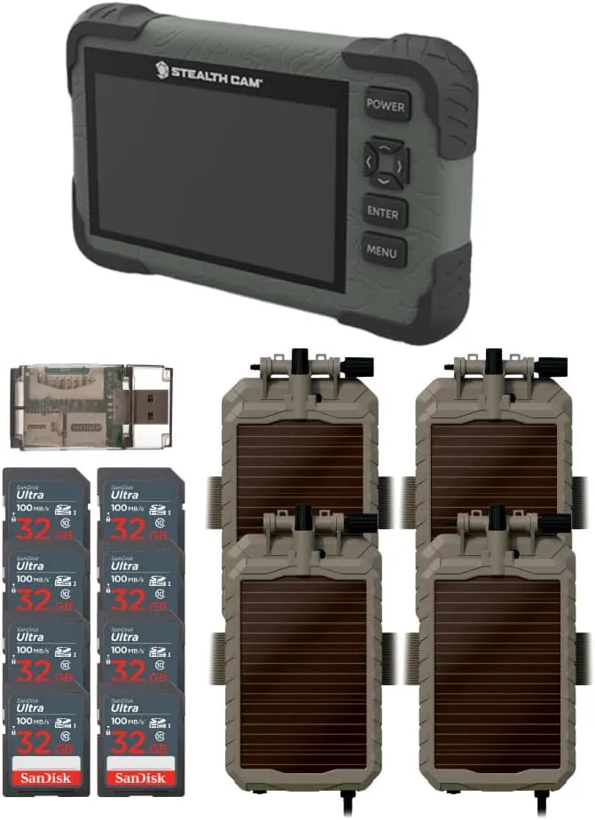 Stealth Cam Adjustable Multi-Pivot Mounting Post for Trail Camera (4-Pack) Bundle with SD Card Reader-Viewer (4-Pack), 32GB Ultra SDHC UHS-I Memory Card (8-Pack), and USB Card Reader (17 Items)
