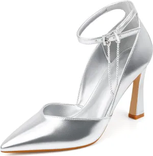 Stilettos High Heels Pumps Women Closed Pointed Toe Chain Ankle Strap Kitten Heeled Pumps Shoes Party Wedding Dressy Shoes Pumps for Lady Size 6-10
