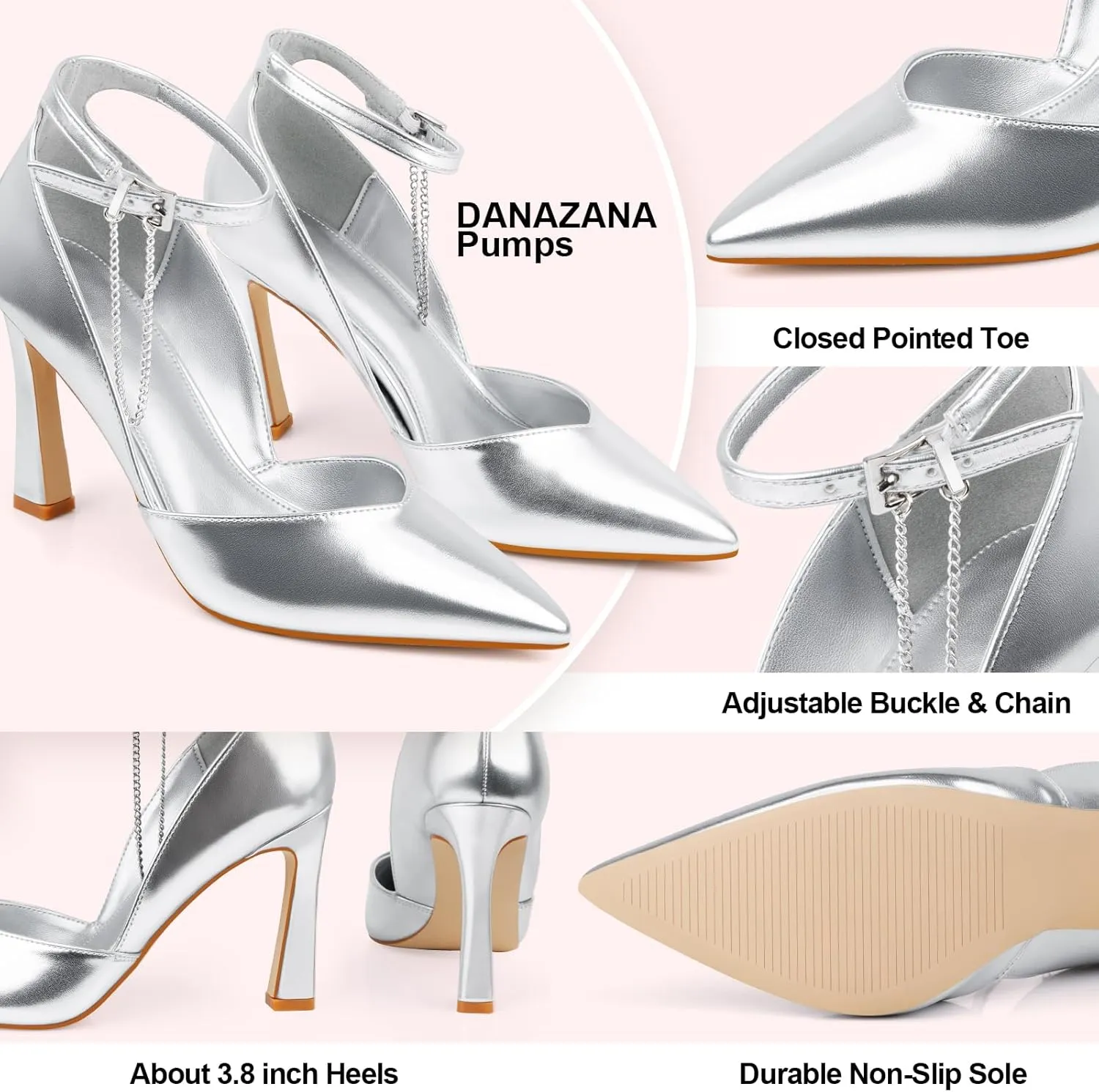 Stilettos High Heels Pumps Women Closed Pointed Toe Chain Ankle Strap Kitten Heeled Pumps Shoes Party Wedding Dressy Shoes Pumps for Lady Size 6-10
