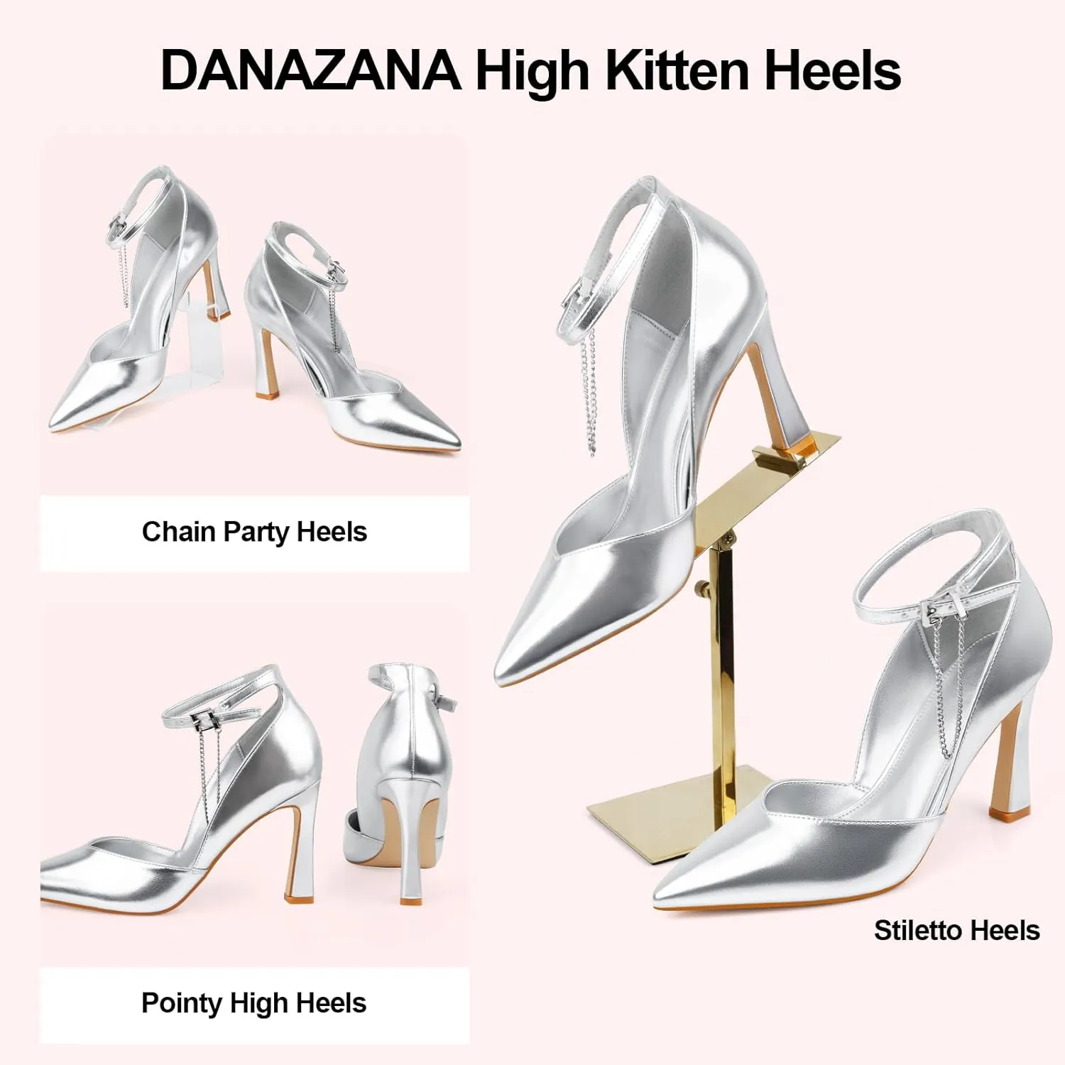 Stilettos High Heels Pumps Women Closed Pointed Toe Chain Ankle Strap Kitten Heeled Pumps Shoes Party Wedding Dressy Shoes Pumps for Lady Size 6-10