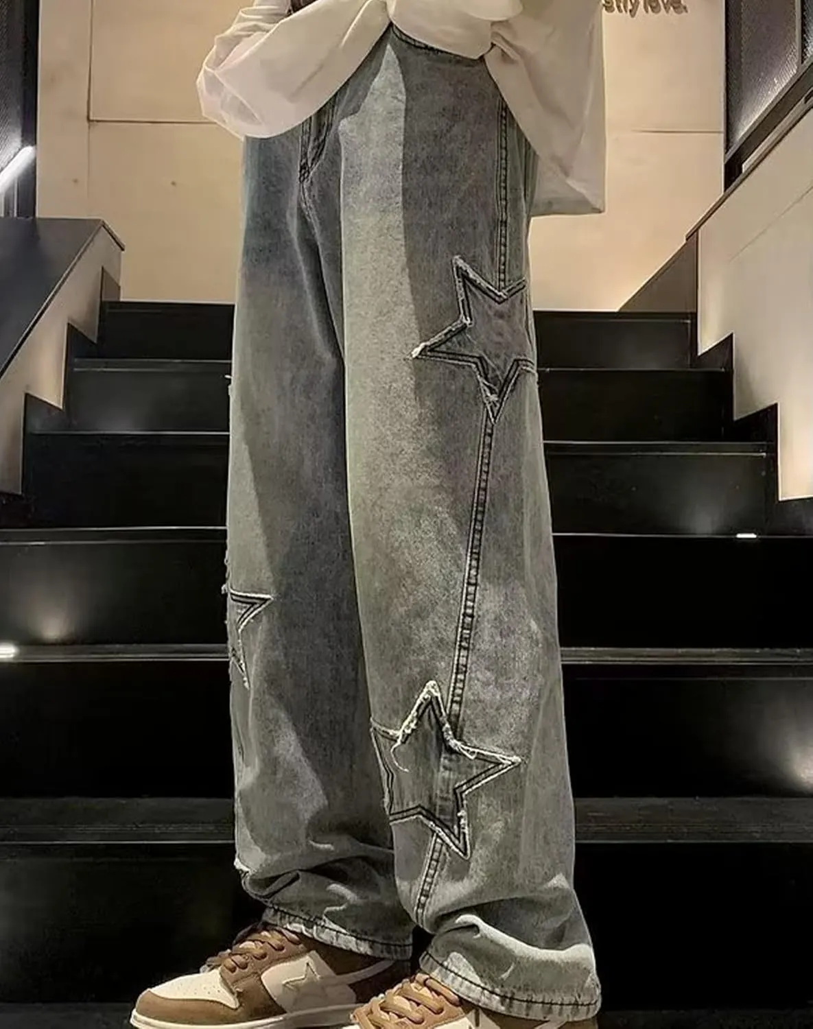 Straight Wide Leg Jeans Y2k Star Patch Denim Pants Outdoor Hiking Pants Baggy Trousers