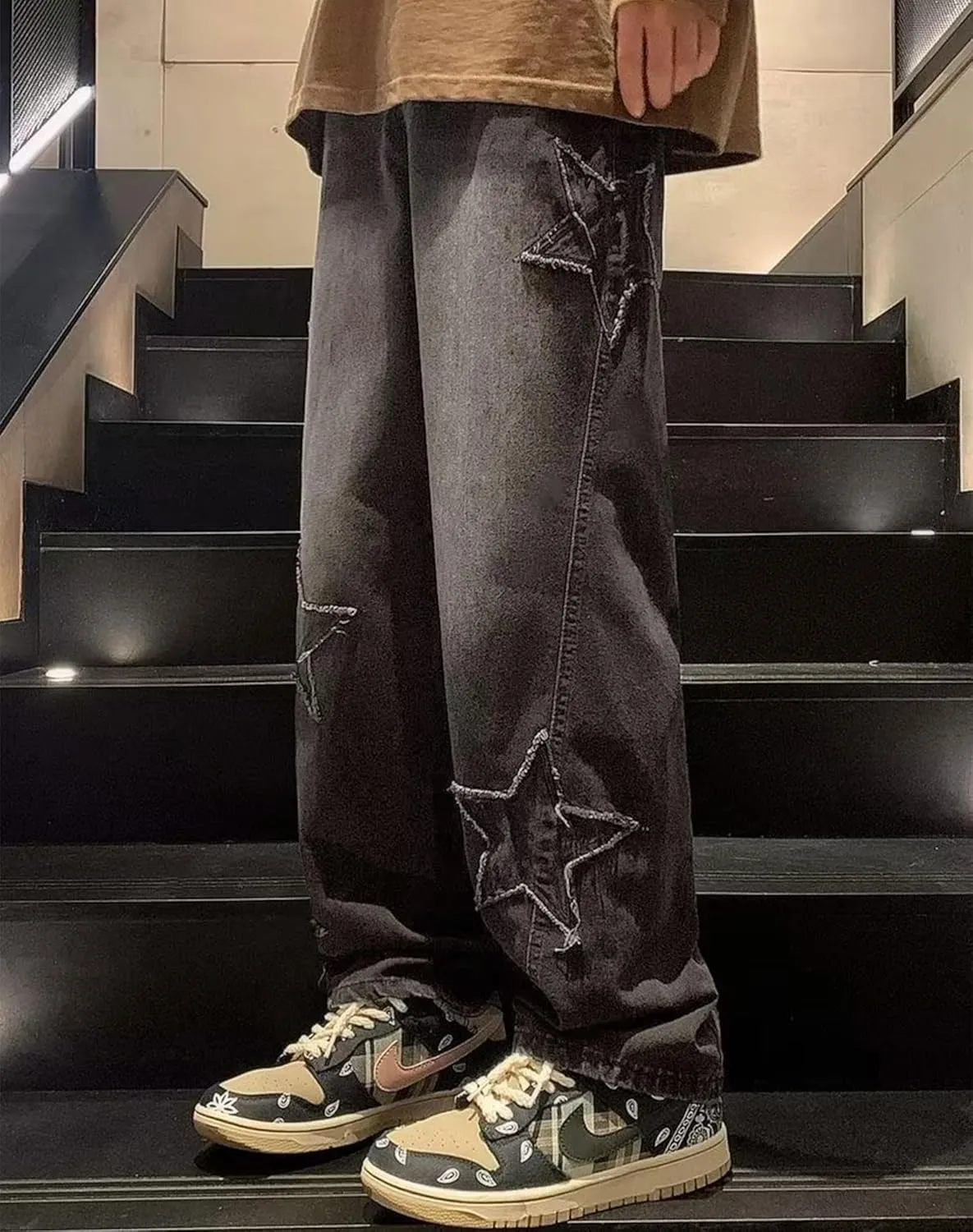 Straight Wide Leg Jeans Y2k Star Patch Denim Pants Outdoor Hiking Pants Baggy Trousers