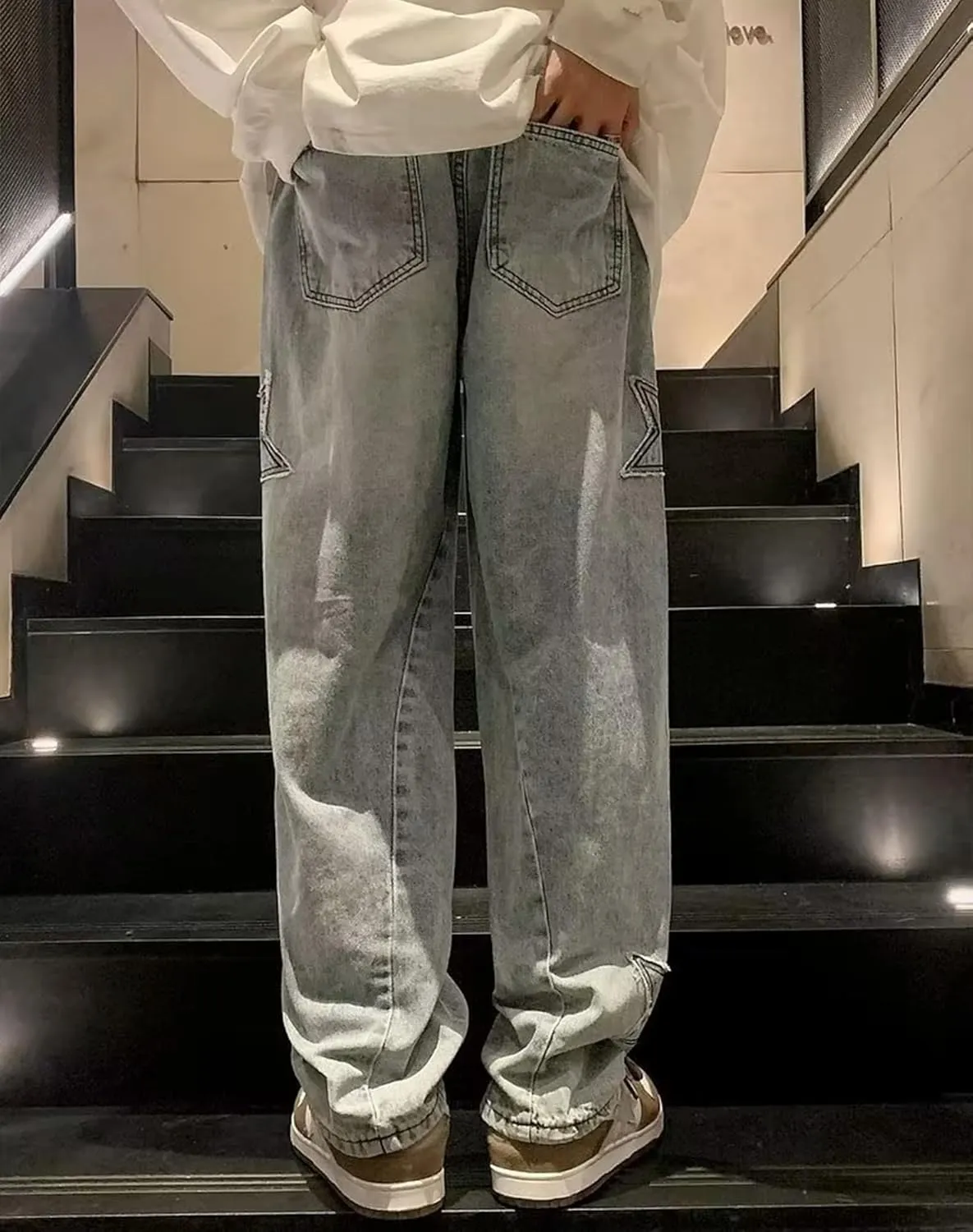Straight Wide Leg Jeans Y2k Star Patch Denim Pants Outdoor Hiking Pants Baggy Trousers