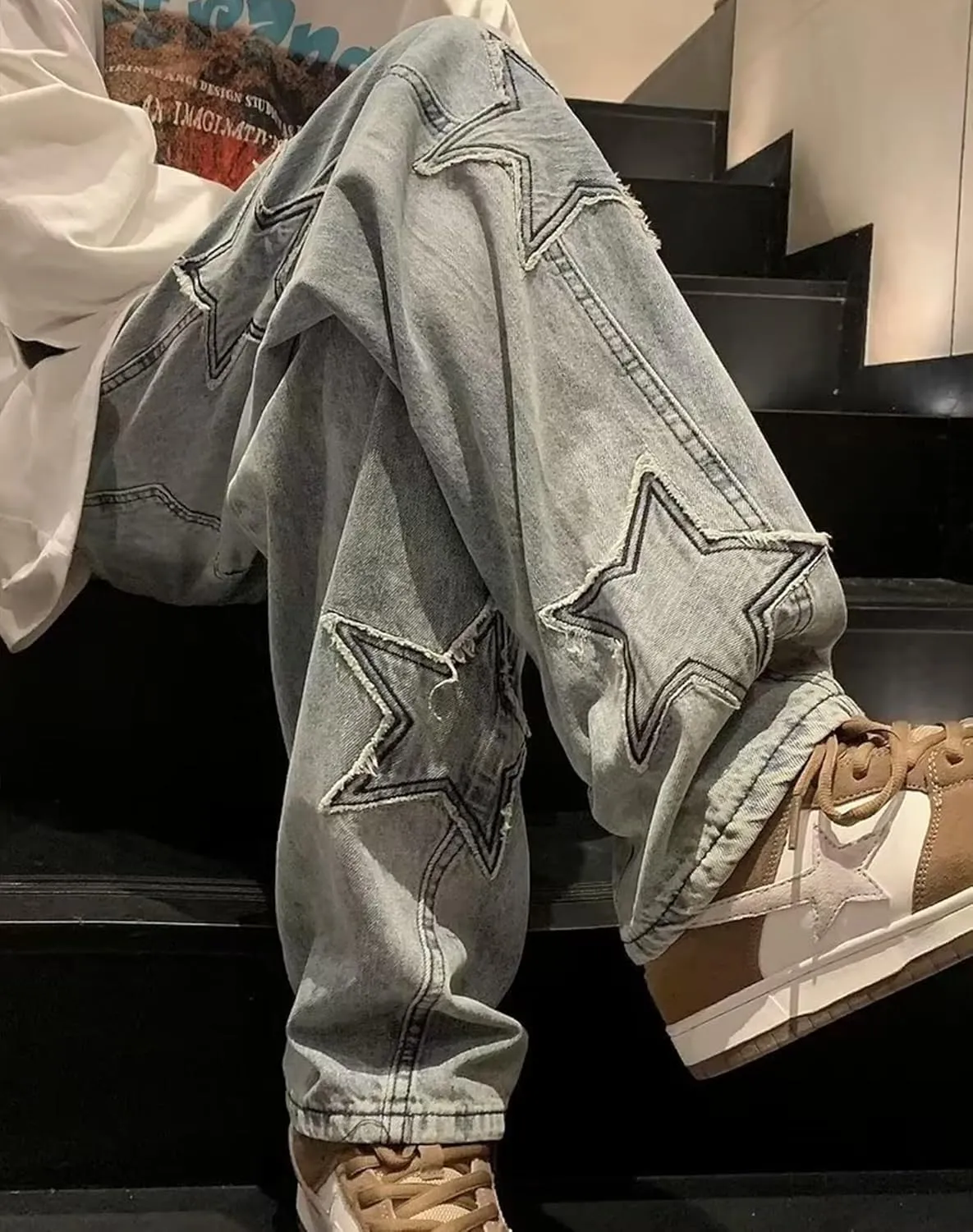 Straight Wide Leg Jeans Y2k Star Patch Denim Pants Outdoor Hiking Pants Baggy Trousers