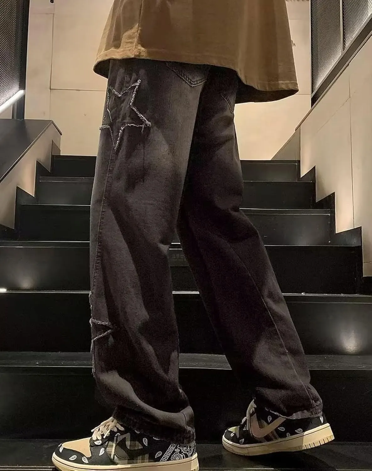 Straight Wide Leg Jeans Y2k Star Patch Denim Pants Outdoor Hiking Pants Baggy Trousers