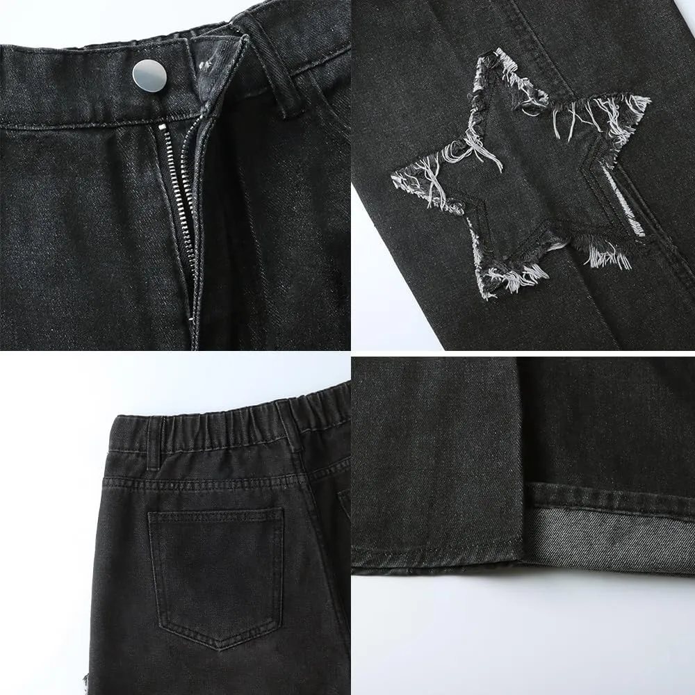 Straight Wide Leg Jeans Y2k Star Patch Denim Pants Outdoor Hiking Pants Baggy Trousers