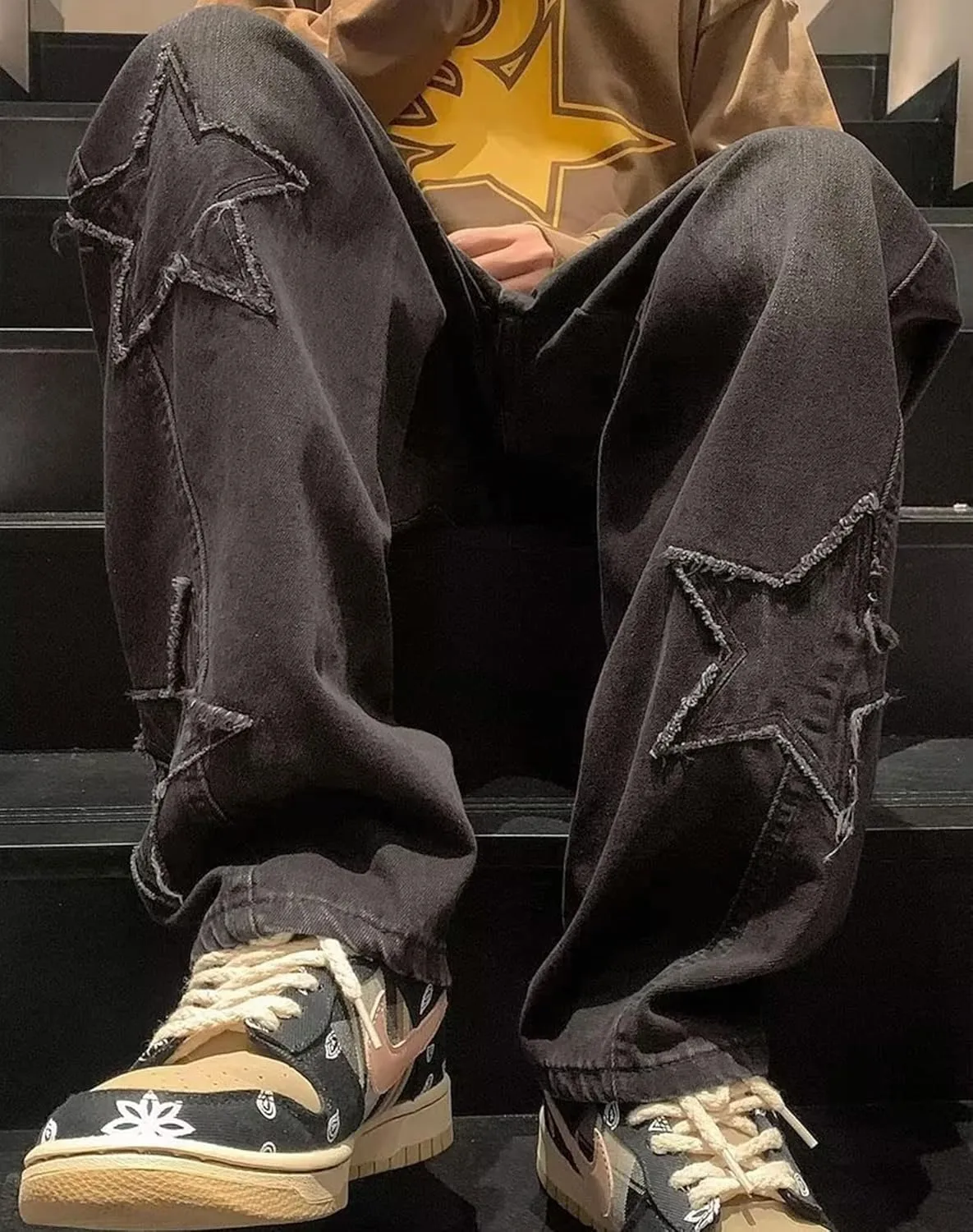 Straight Wide Leg Jeans Y2k Star Patch Denim Pants Outdoor Hiking Pants Baggy Trousers