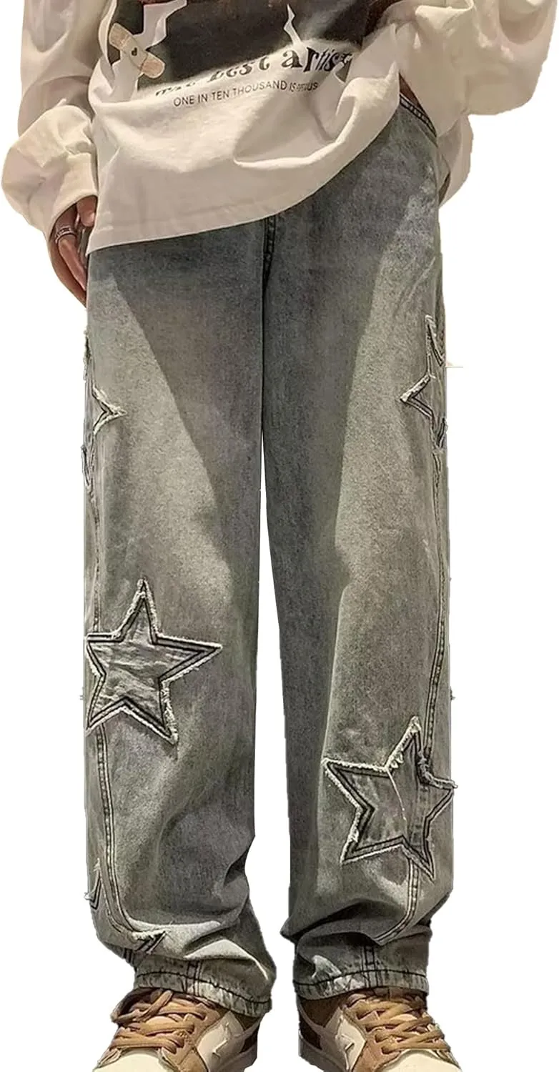 Straight Wide Leg Jeans Y2k Star Patch Denim Pants Outdoor Hiking Pants Baggy Trousers