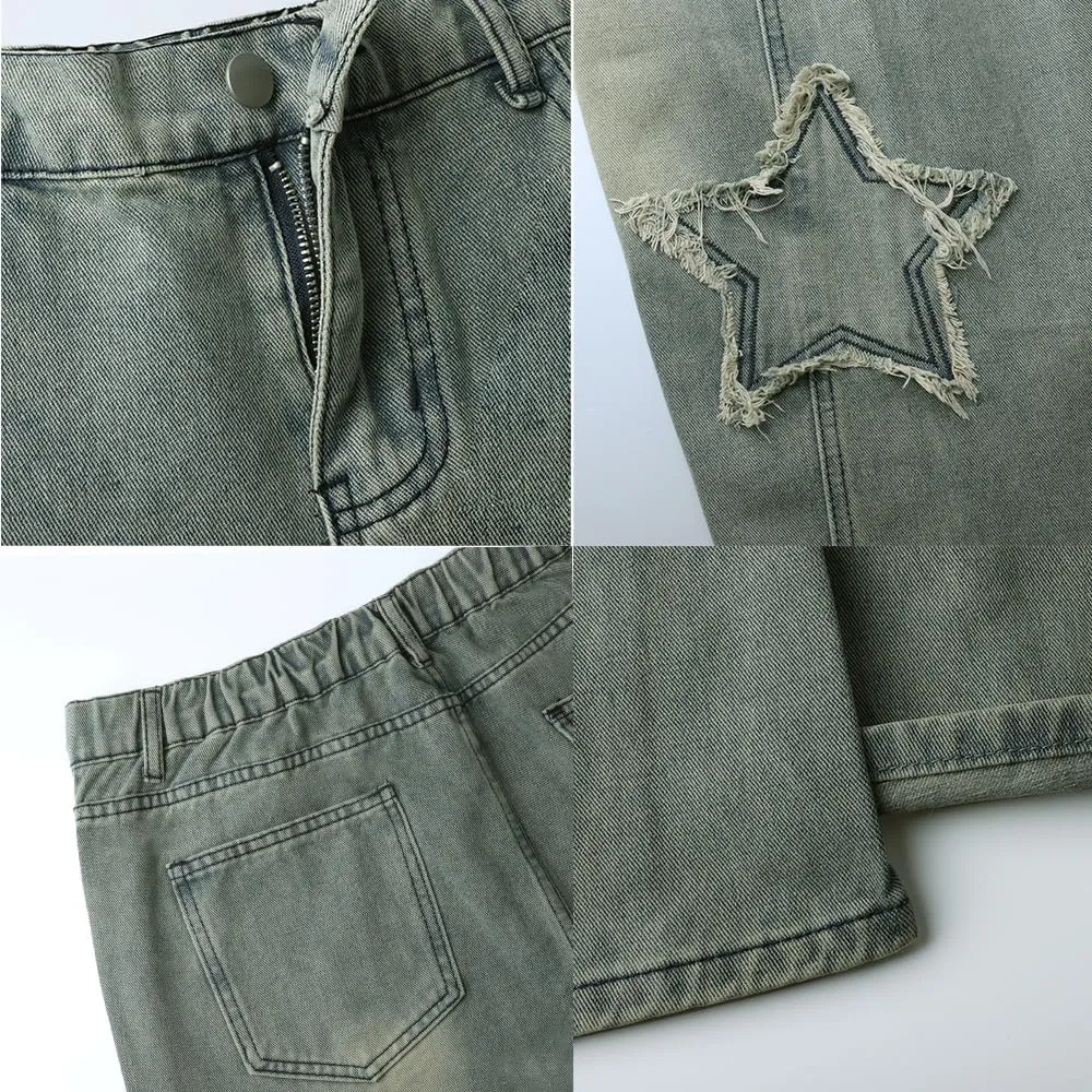 Straight Wide Leg Jeans Y2k Star Patch Denim Pants Outdoor Hiking Pants Baggy Trousers