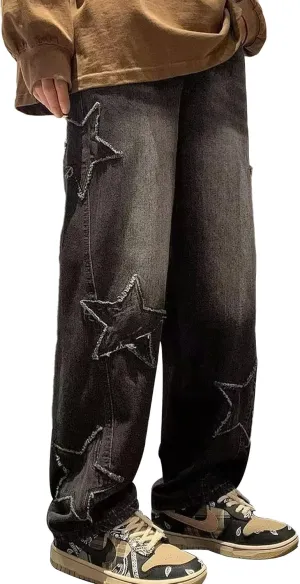Straight Wide Leg Jeans Y2k Star Patch Denim Pants Outdoor Hiking Pants Baggy Trousers