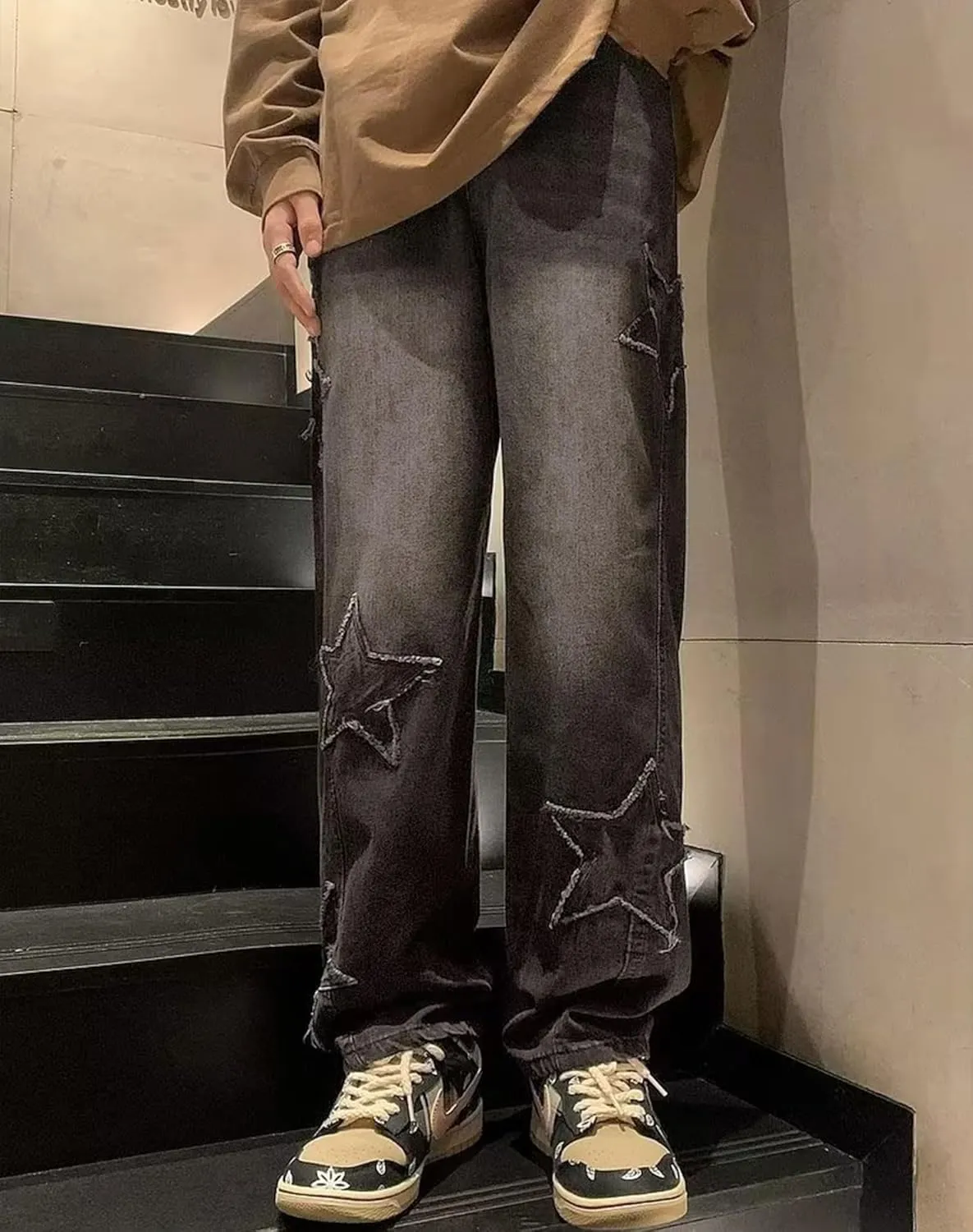Straight Wide Leg Jeans Y2k Star Patch Denim Pants Outdoor Hiking Pants Baggy Trousers