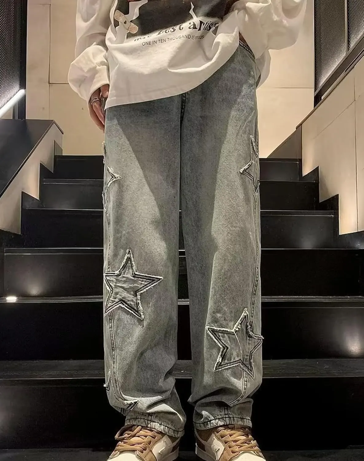 Straight Wide Leg Jeans Y2k Star Patch Denim Pants Outdoor Hiking Pants Baggy Trousers