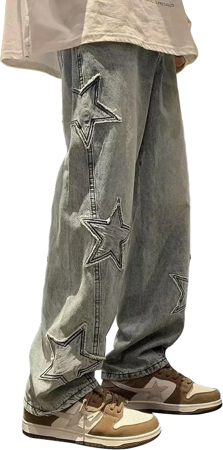 Straight Wide Leg Jeans Y2k Star Patch Denim Pants Outdoor Hiking Pants Baggy Trousers
