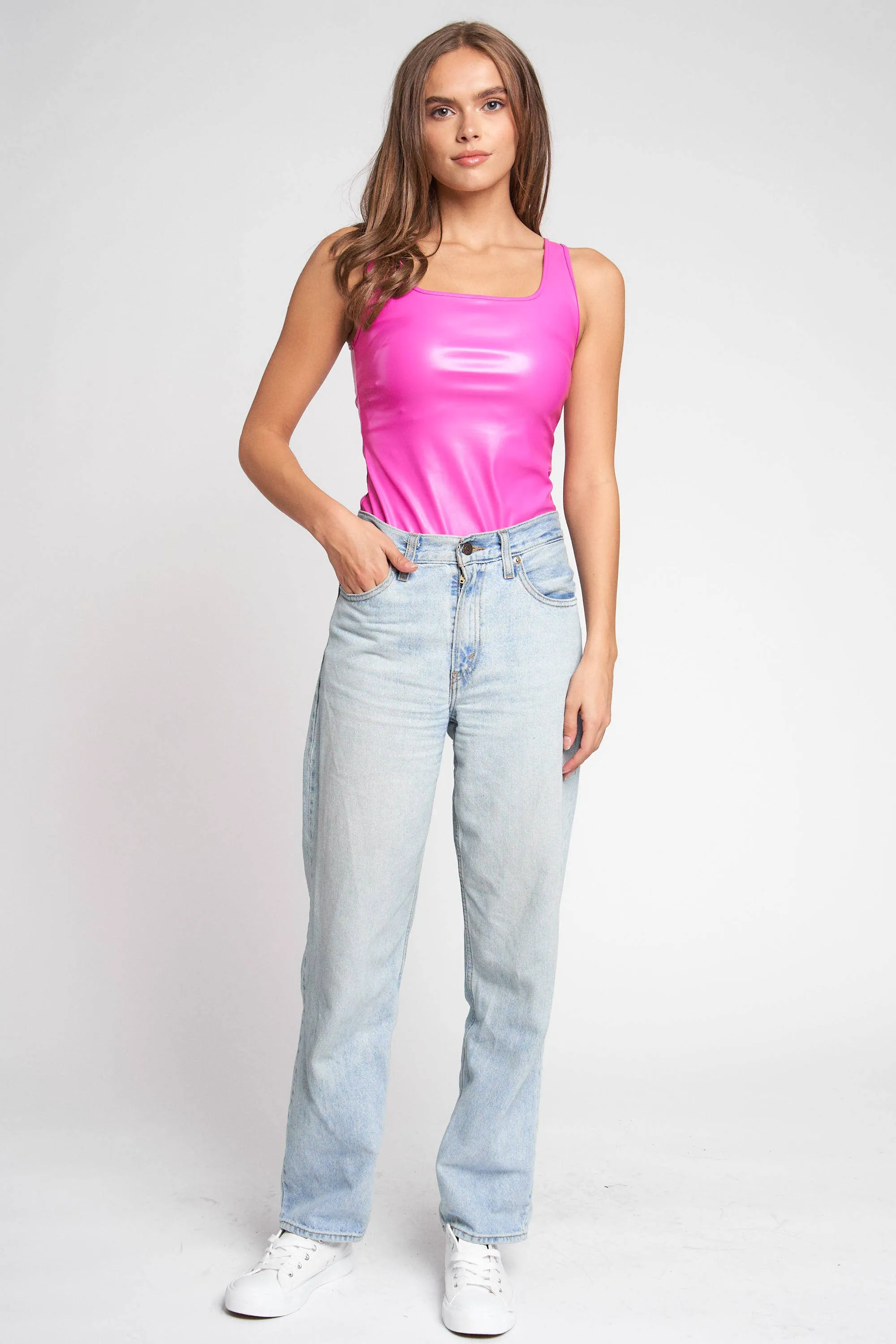 STRETCH PU FAUX LEATHER BODYSUIT: S / BROWN