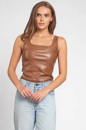 STRETCH PU FAUX LEATHER BODYSUIT: S / BROWN