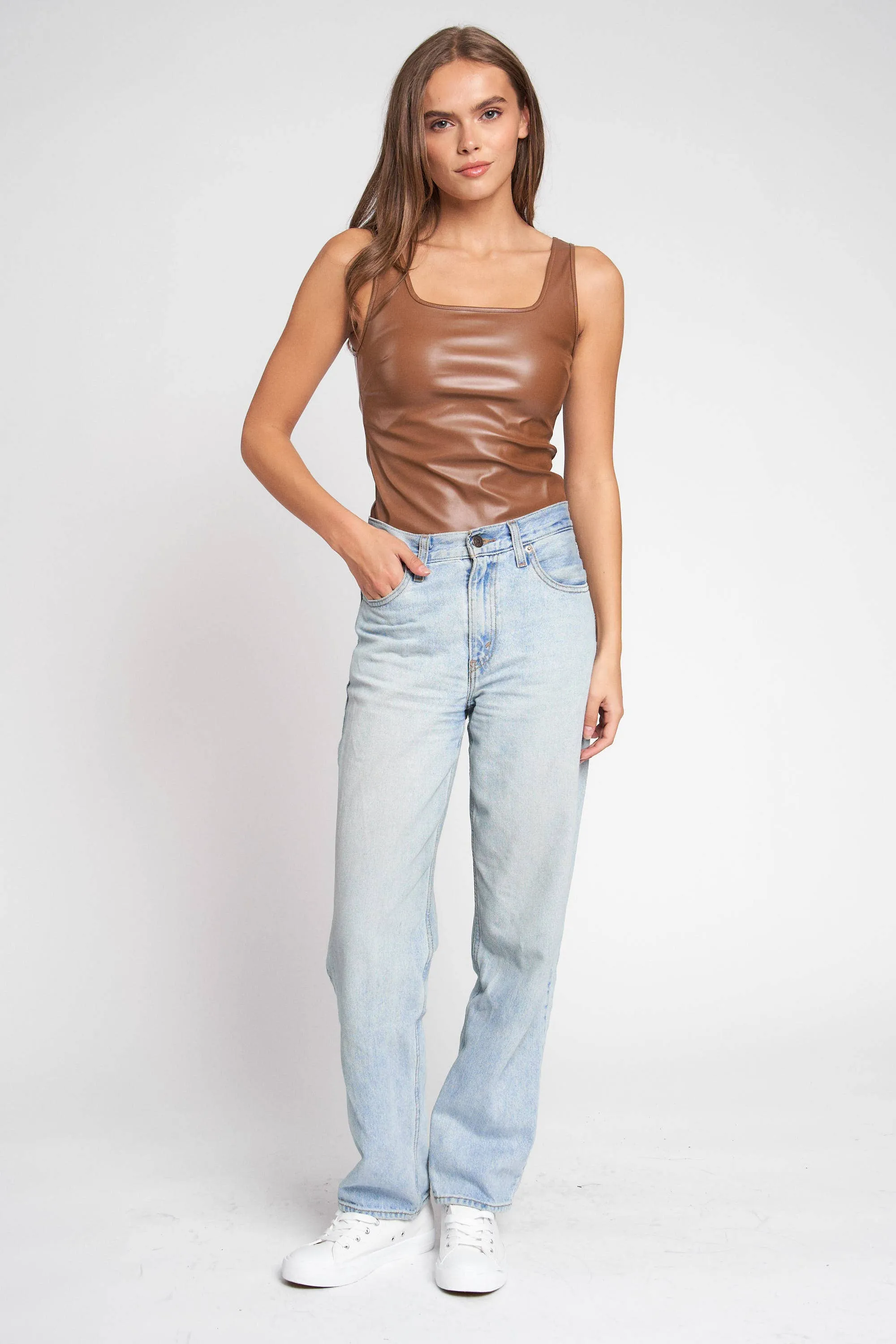STRETCH PU FAUX LEATHER BODYSUIT: S / BROWN