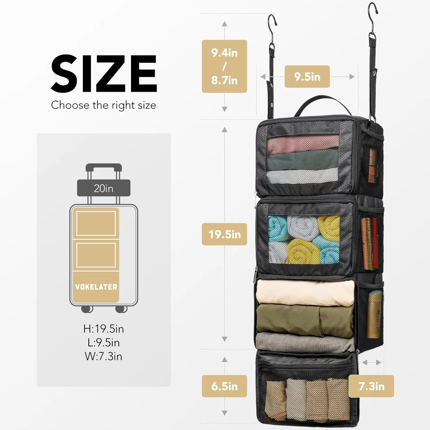 Suitcase Organizer, HangingTravel Organizer Carry On Luggage Organizer, Portable Hanging Shelves Packing Cubes for Cruise Ship Essentials, Small, Black
