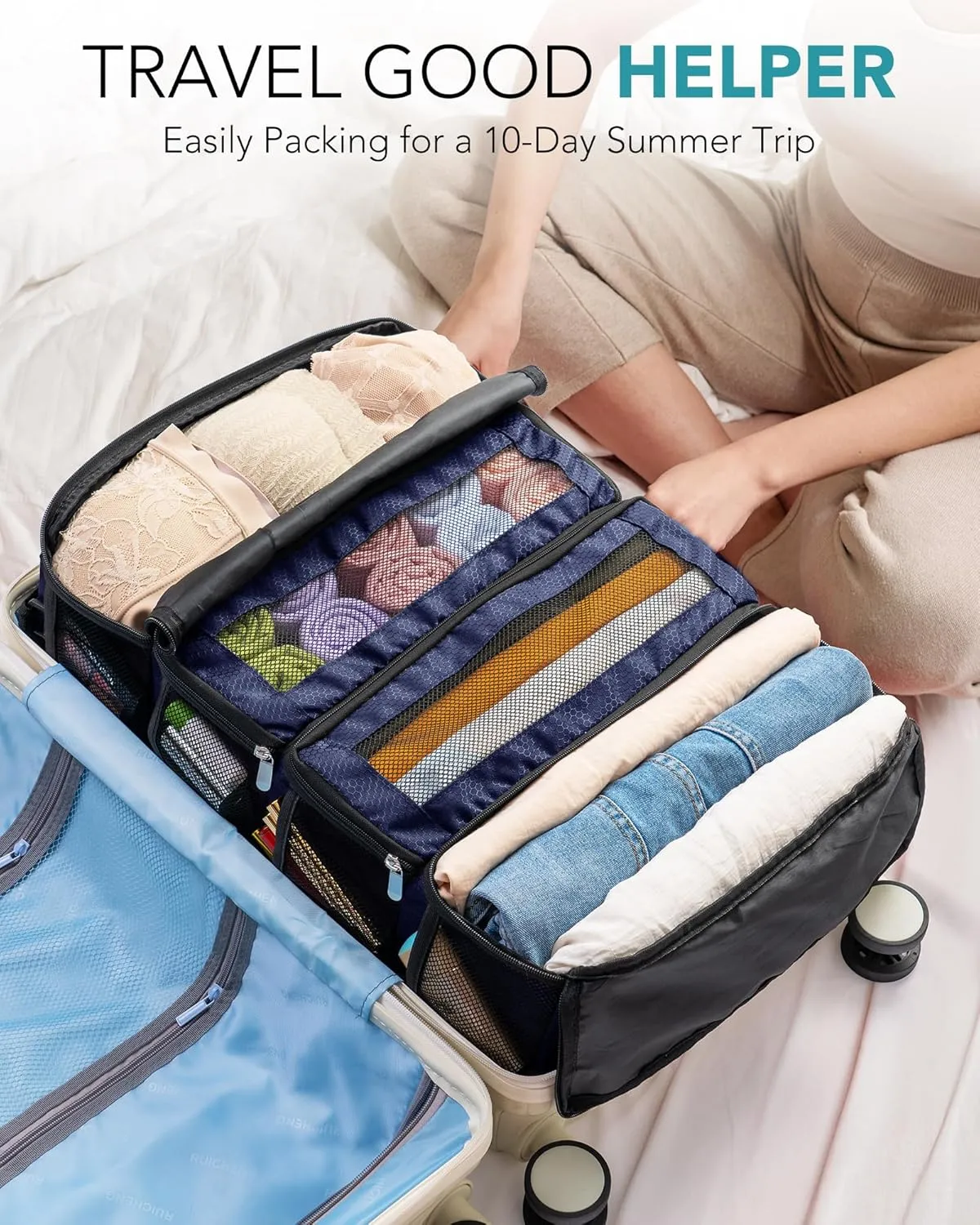Suitcase Organizer, Travel Luggage Organizer Hanging Shelves Packing Cube Closet/Collapsible Portable Travel Organizer for Carry-on