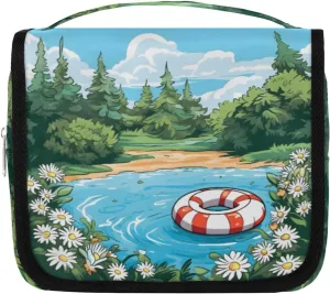 Summertime Relaxation Hanging Travel Toiletry Bag Kit Makeup Case Cosmetics Organizer Swimming Ring Toiletry Bag for Women Make up Accessories Shampoo Body Cream Brushes Set