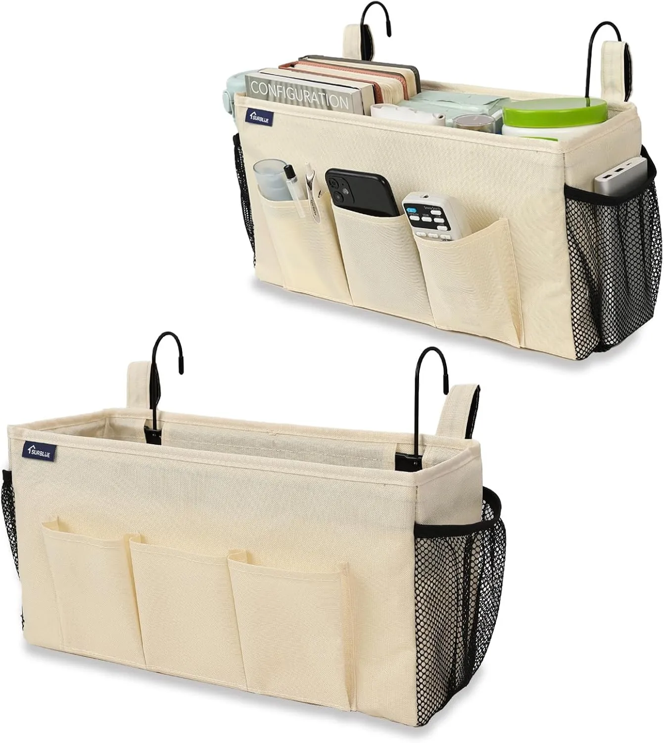 Surblue Bedside Organizer with Hook Bedside Caddy Hanging Storage Bag with Adjustable Strap and Water Bottle Holder for Home College Dorm Bunk Bed Accessories, Crib Bed Rail, Hospital Bed, Beige, 2PCS