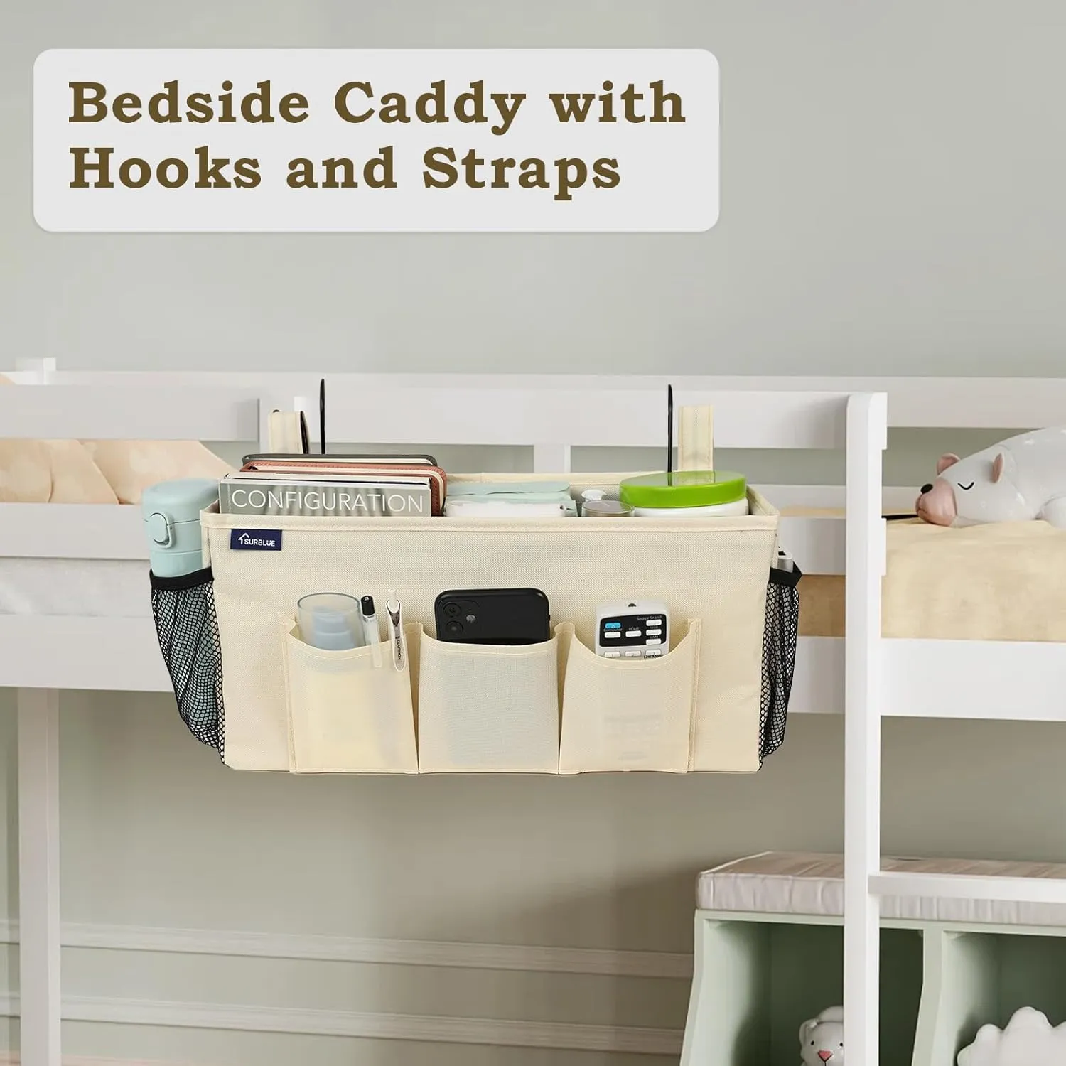 Surblue Bedside Organizer with Hook Bedside Caddy Hanging Storage Bag with Adjustable Strap and Water Bottle Holder for Home College Dorm Bunk Bed Accessories, Crib Bed Rail, Hospital Bed, Beige, 2PCS
