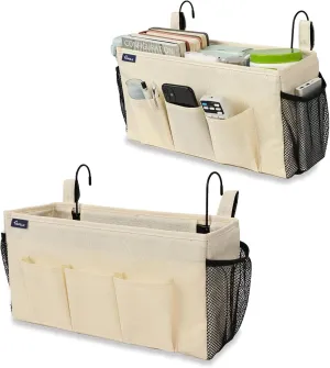 Surblue Bedside Organizer with Hook Bedside Caddy Hanging Storage Bag with Adjustable Strap and Water Bottle Holder for Home College Dorm Bunk Bed Accessories, Crib Bed Rail, Hospital Bed, Beige, 2PCS