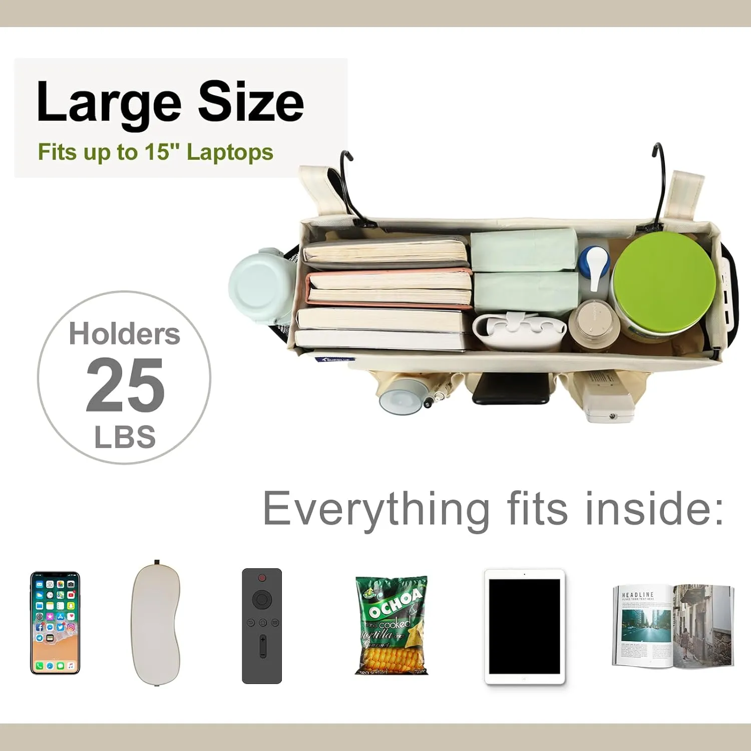 Surblue Bedside Organizer with Hook Bedside Caddy Hanging Storage Bag with Adjustable Strap and Water Bottle Holder for Home College Dorm Bunk Bed Accessories, Crib Bed Rail, Hospital Bed, Beige, 2PCS